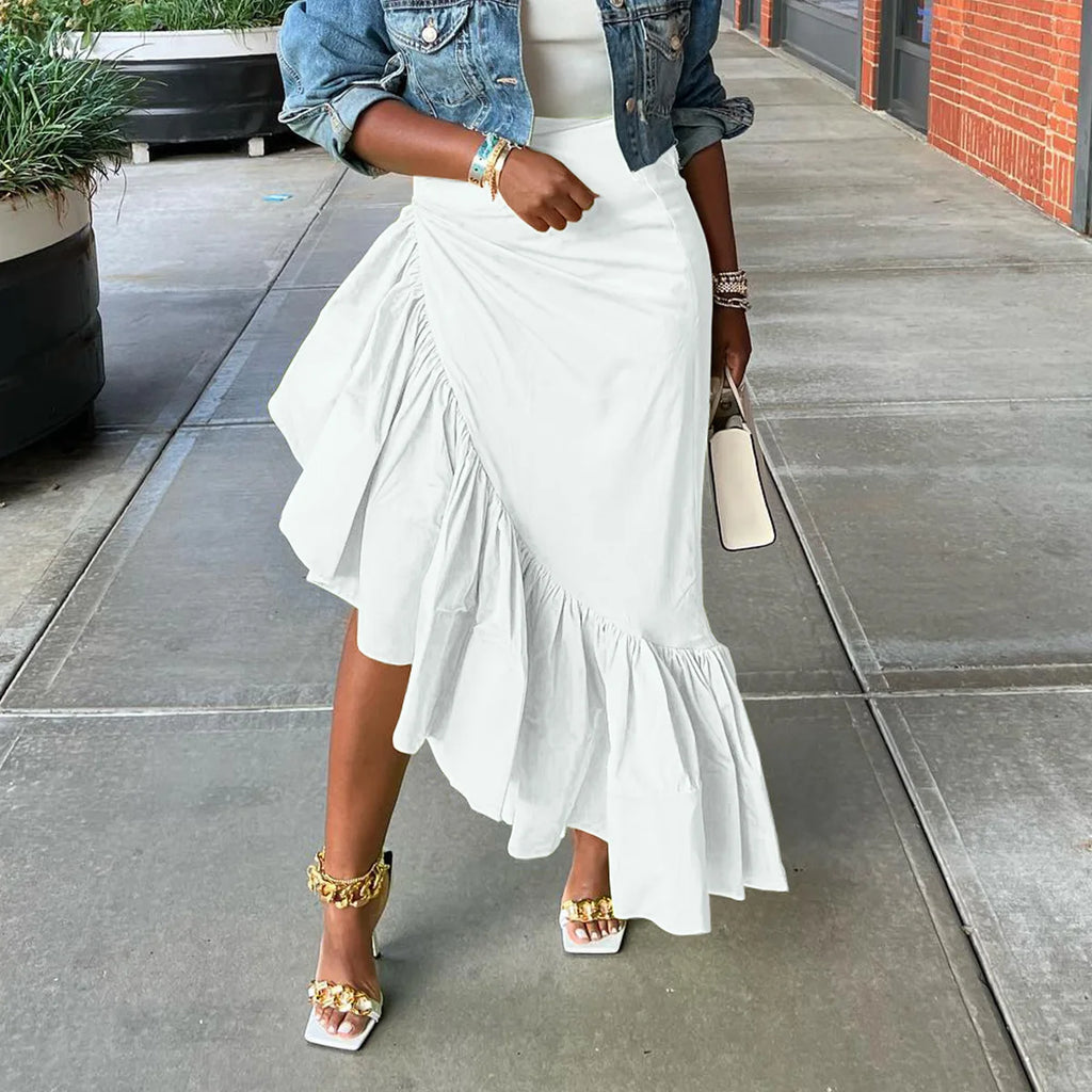 Asymmetrical Ruffle Hem Maxi Skirt – Women’s High Waist Streetwear