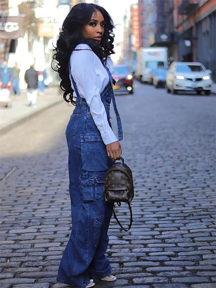 Women’s Denim Jumpsuit – Multi-Pocket One-Piece Cargo Bodysuit | Casual Straight Fit Overalls