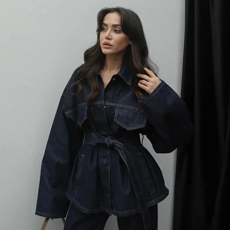 Vintage Belted Denim Jacket & Pants Set – Women’s Autumn Streetwear