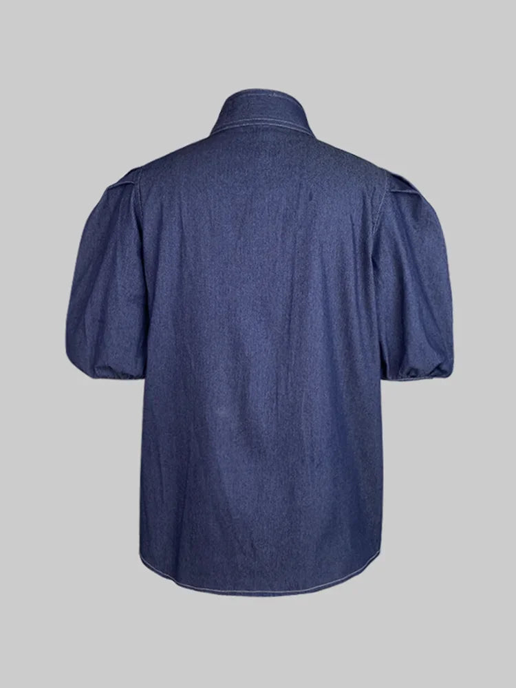 Women Fashion High Neck Imitation Denim Shirts Puff Sleeves Tops Female