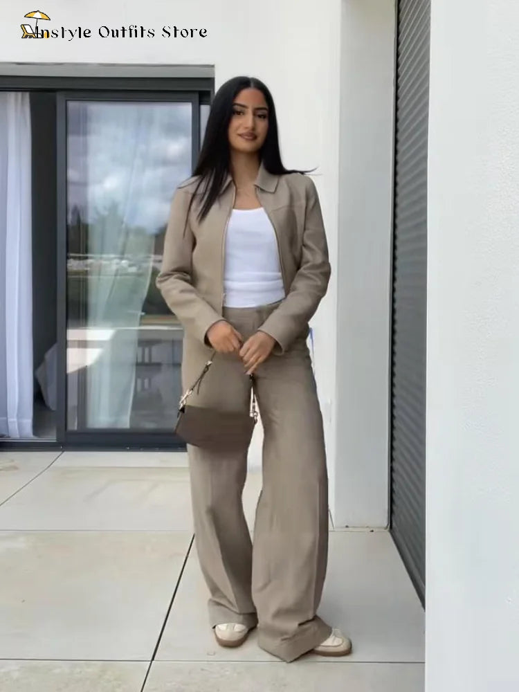 Cotton Linen Trousers Set – Women’s Cropped Zip Top & Straight Pants