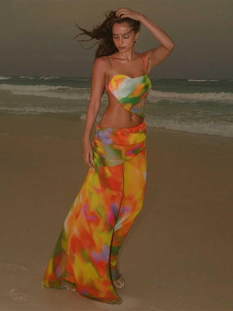 Sexy Wrap-Around Mesh Cut-Out Beach Cover-Up Dress – Printed Long Swimwear Cover-Up for Women