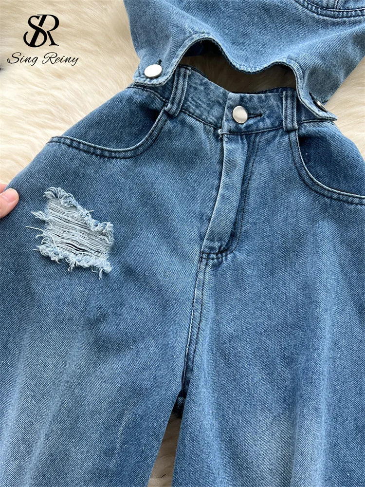 Vintage Strapless Denim Jumpsuit for Women – Hollow Out Wide-Leg Jean Romper