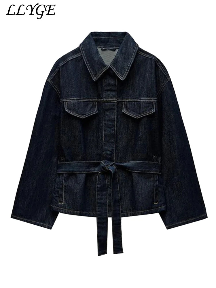 Vintage Belted Denim Jacket & Pants Set – Women’s Autumn Streetwear