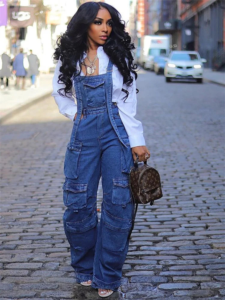 Women’s Denim Jumpsuit – Multi-Pocket One-Piece Cargo Bodysuit | Casual Straight Fit Overalls