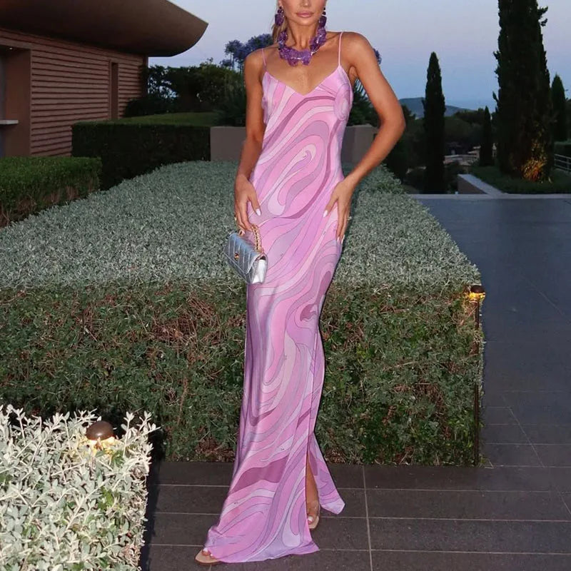 Vintage Pattern Print Spaghetti Strap Dress Casual V Neck Backless Slit Long Dresses