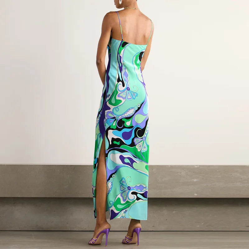 Vintage Pattern Print Spaghetti Strap Dress Casual V Neck Backless Slit Long Dresses