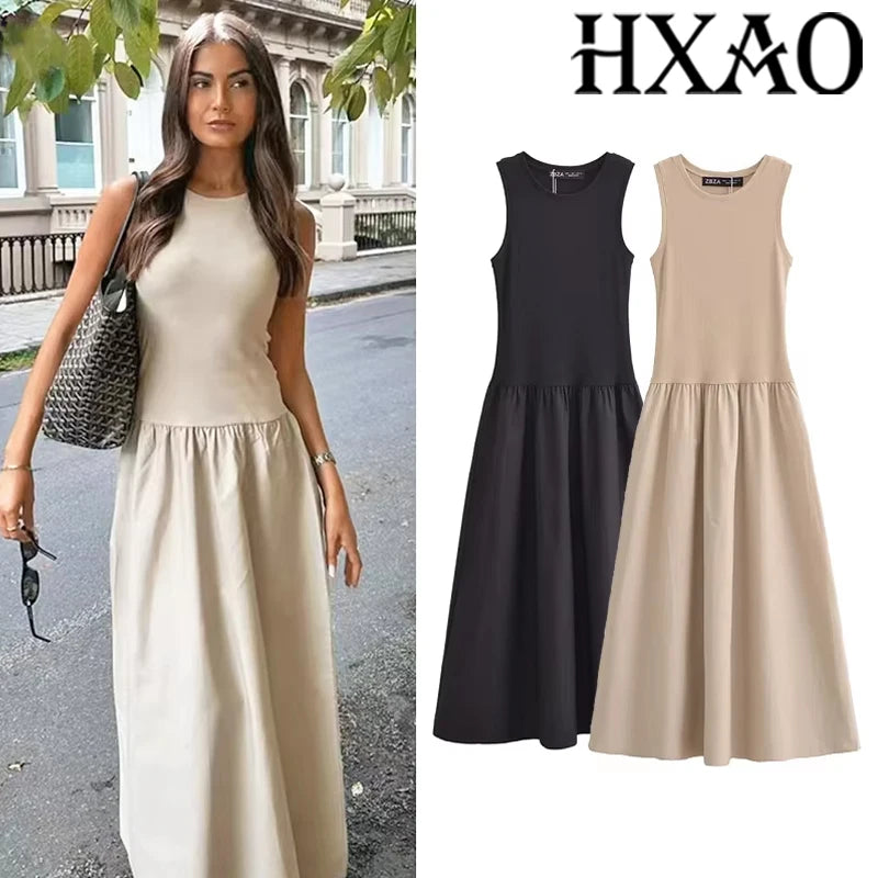Khaki & Black Elegant Long Dress – Spring