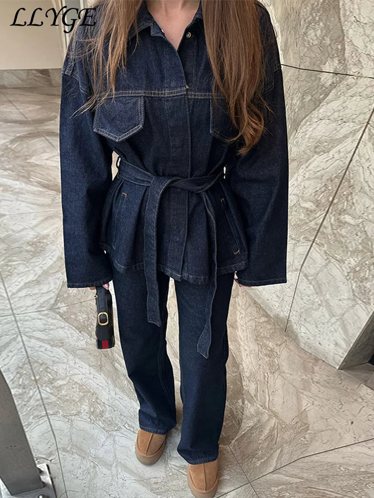 Vintage Belted Denim Jacket & Pants Set – Women’s Autumn Streetwear