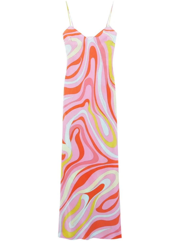 Chic Printed Sling Maxi Dress – Sleeveless, Backless, Side Slit