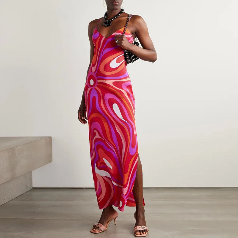 Vintage Pattern Print Spaghetti Strap Dress Casual V Neck Backless Slit Long Dresses