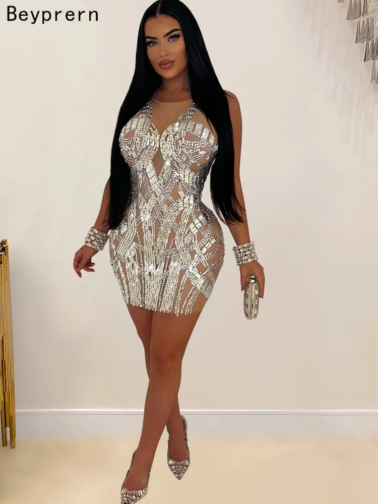 Luxury Crystal Evening Dress for Women – Sleeveless O-Neck Birthday & Party Gown