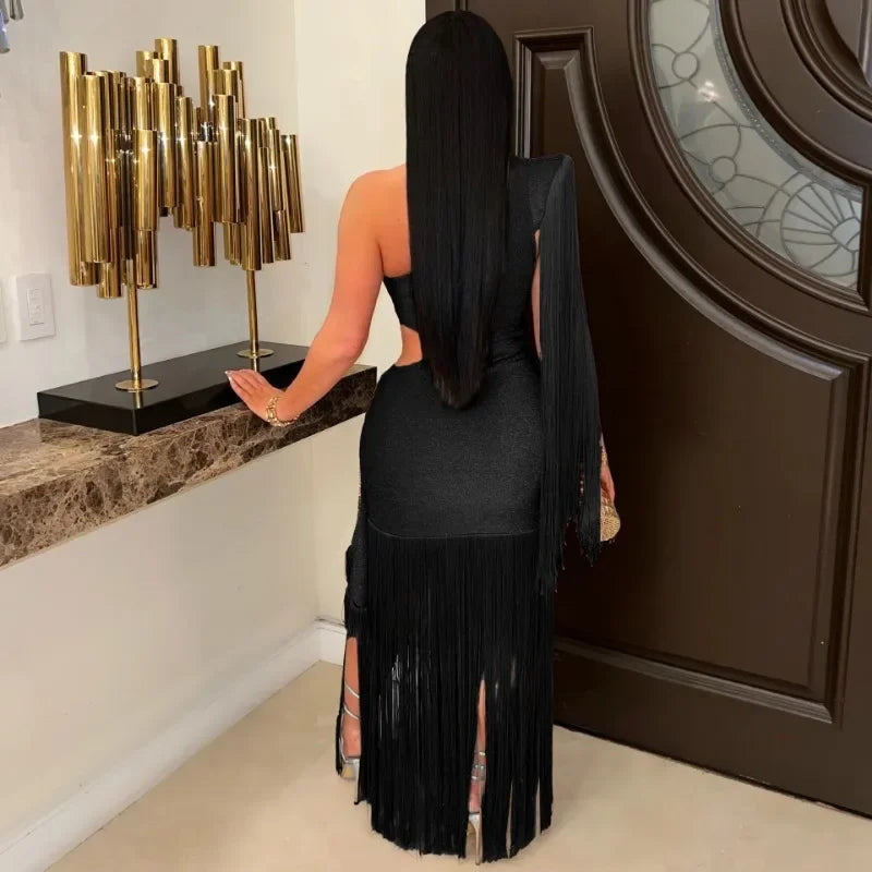 Long Tassel Bright Silk Bodycon Maxi Dress – Elegant Evening Party Gown for Women