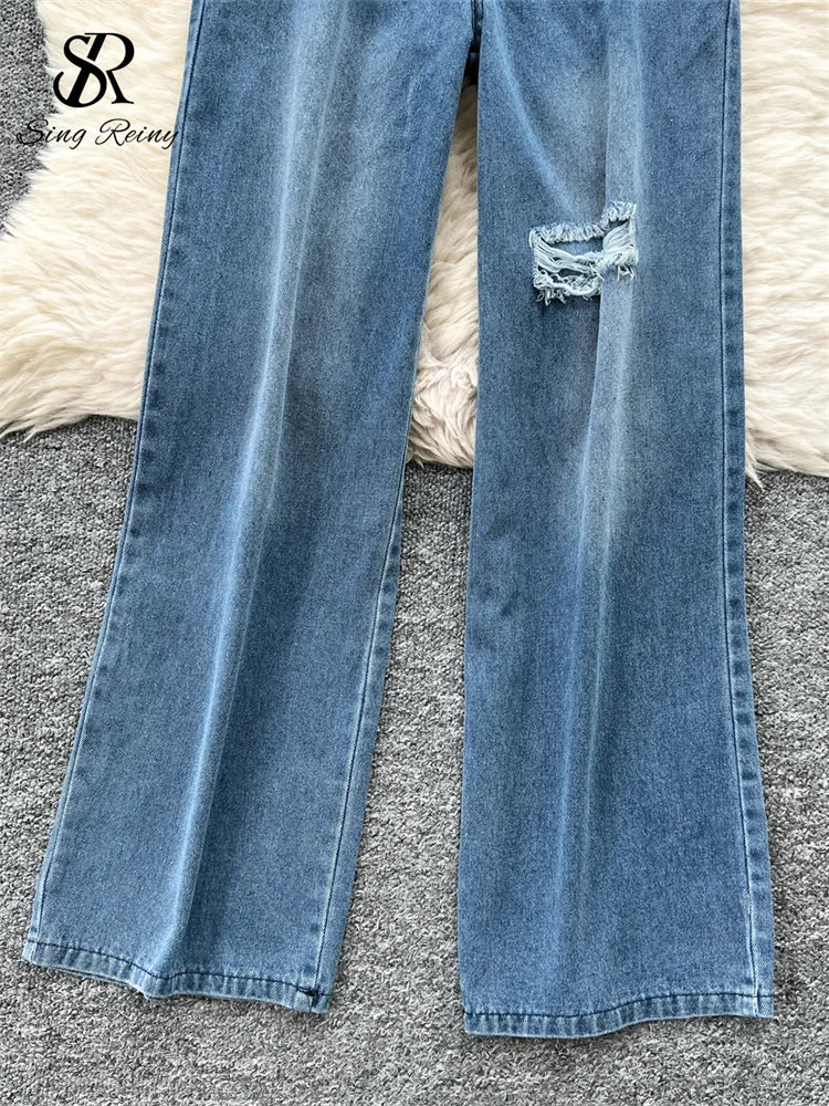 Vintage Strapless Denim Jumpsuit for Women – Hollow Out Wide-Leg Jean Romper