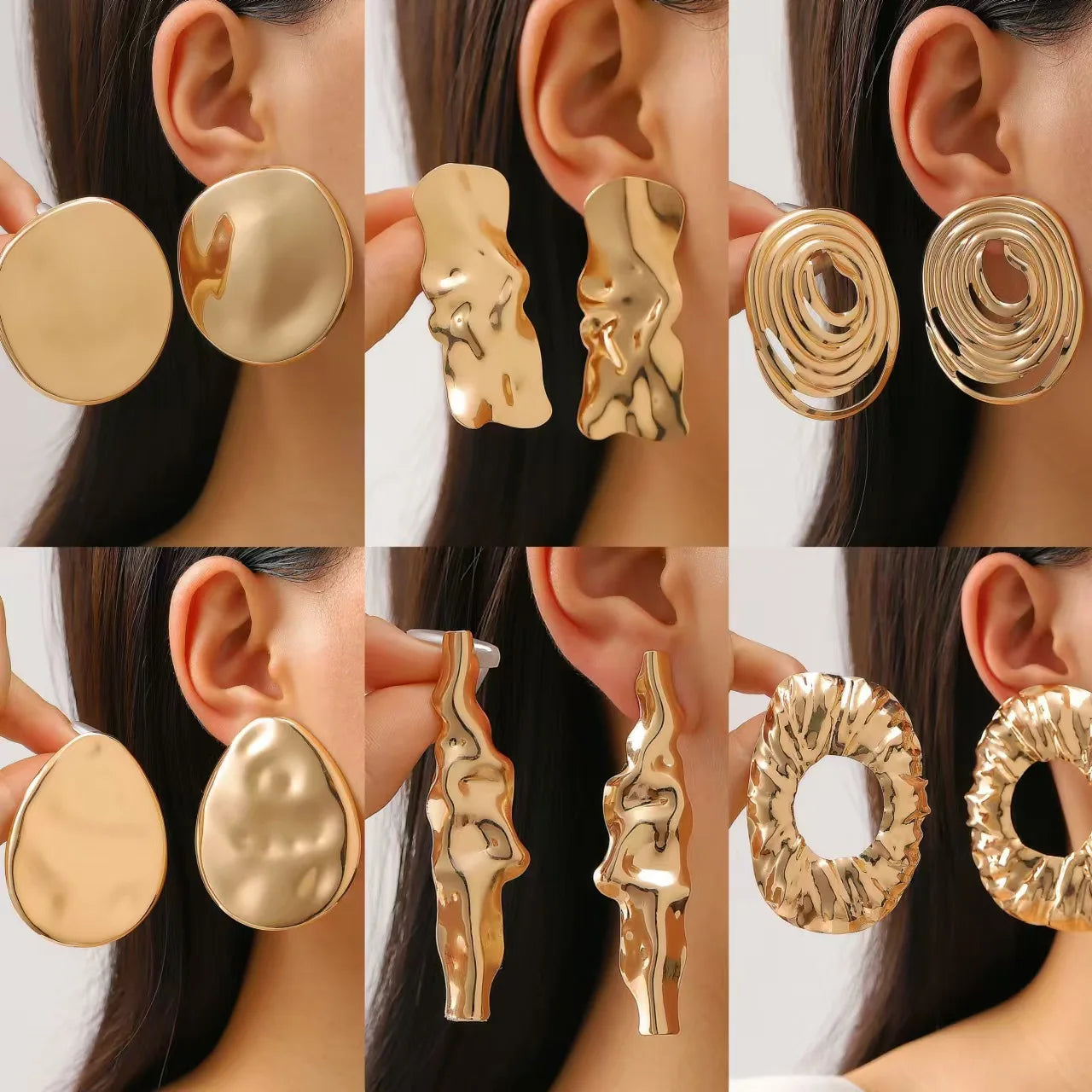 Exaggerated Gold Heart & Oval Drop Earrings – Bold Metal Statement for Women