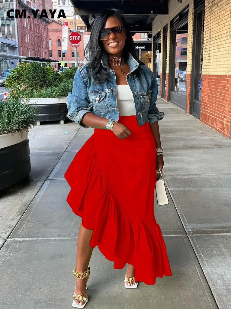 Asymmetrical Ruffle Hem Maxi Skirt – Women’s High Waist Streetwear