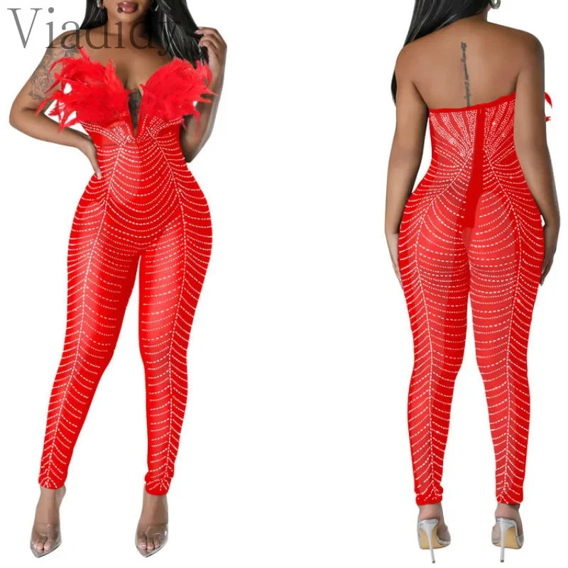 Rhinestone Feather Decor Mesh Sleeveless Backless Skinny Jumpsuit